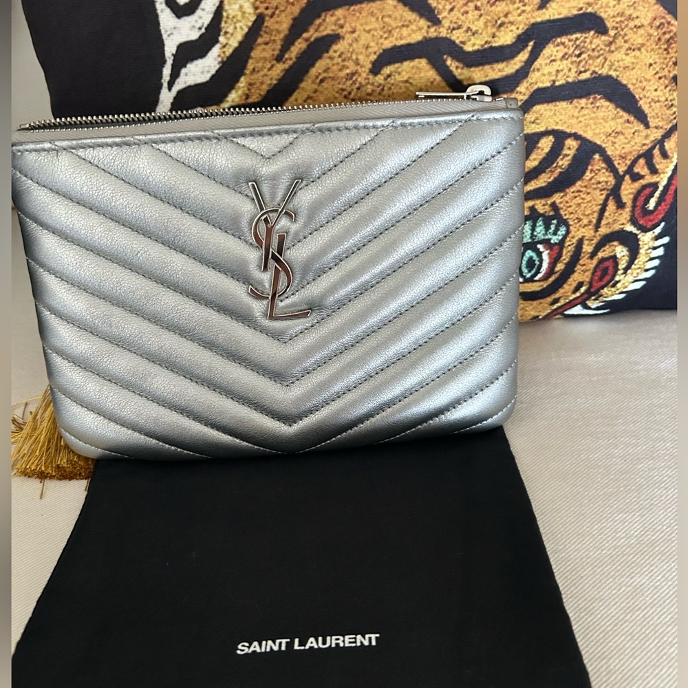 SAINT LAURENT Silver Quilted Mini Zip Pouch/ Clutch - EXCELLENT CONDITION